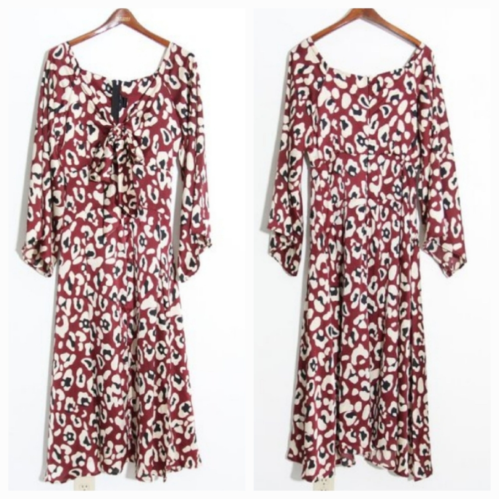 Tongoro 100% Silk Maxi Dress Leopard Double Slit Keyhole Tie Front Size Large